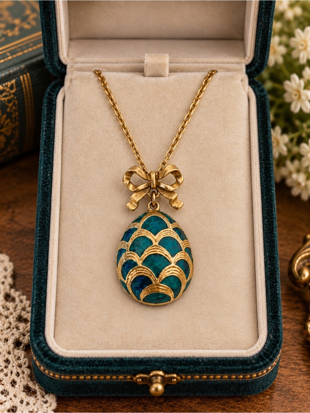 Avon Teal Enamel Egg Pendant Necklace with Gold Tone Bow & Scallop Design